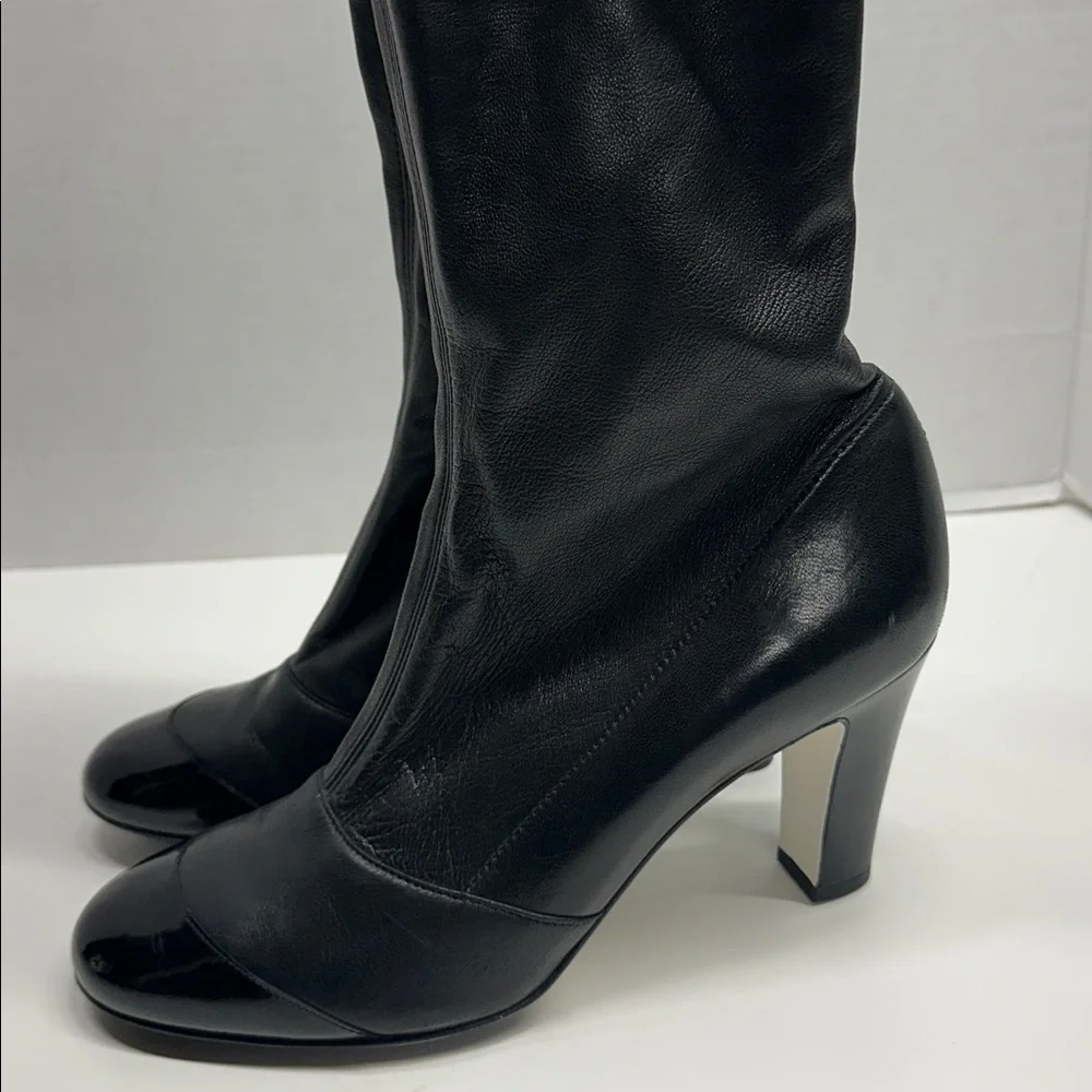 Chanel Heeled Boots Lambskin Tall Boots Cap Round Toe Patent Leather Black EU 38